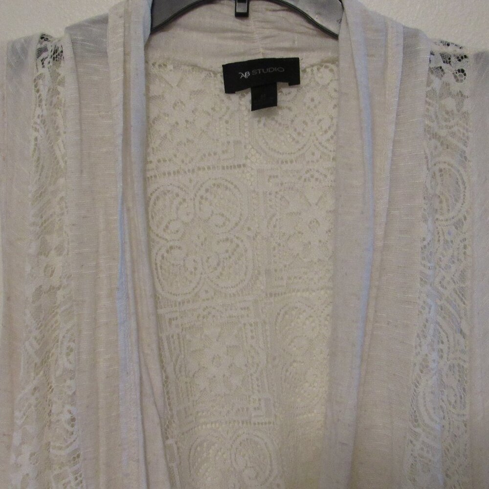 AB Studio Lace Flyaway Vest Women's Medium Oatmeal Linen Blend Open Front Draped